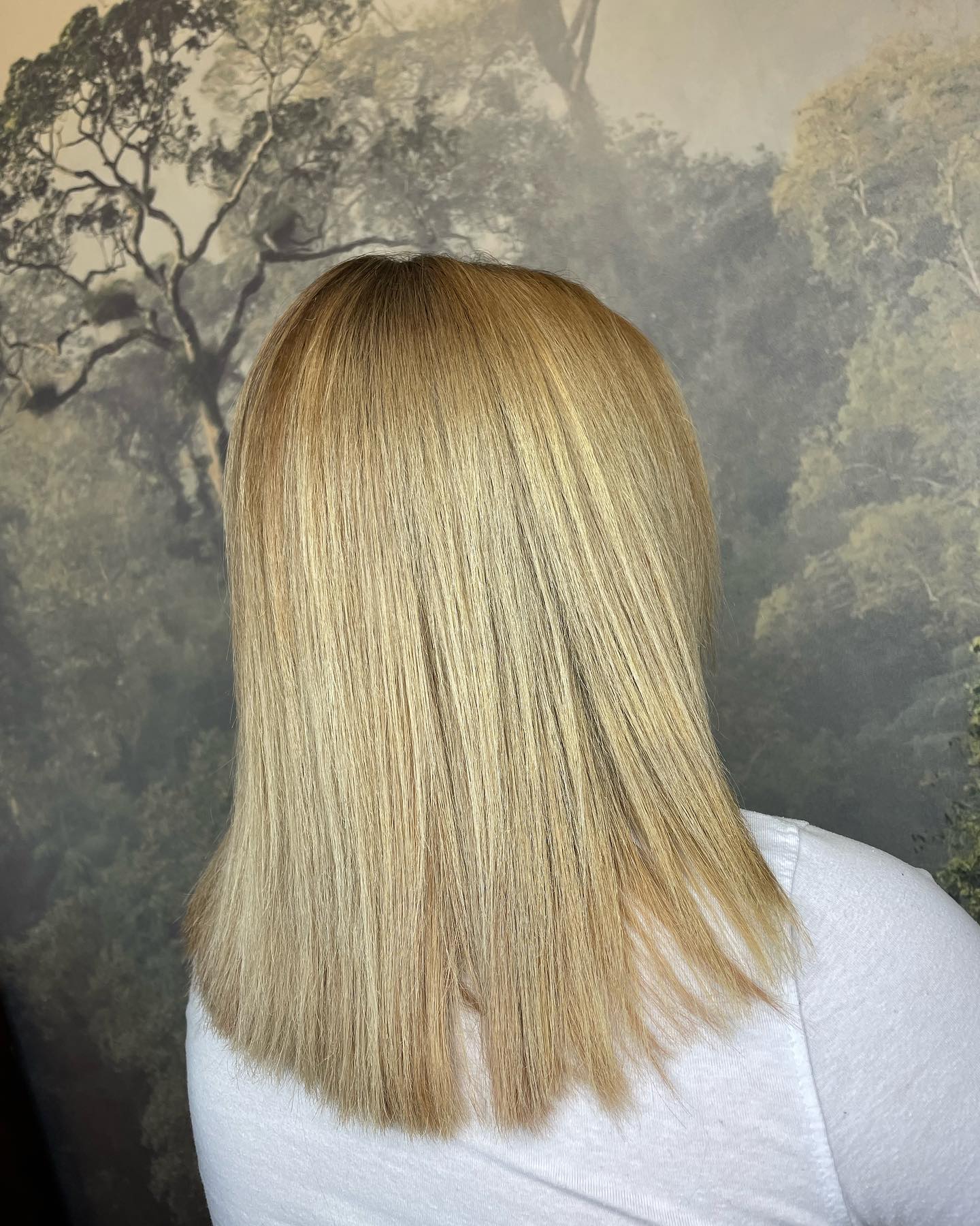Straight blonde hair with natural highlights and smooth finish